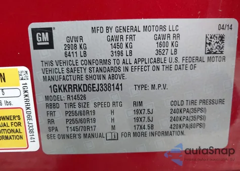 2014 GMC Acadia Slt-1 z USA, uszkodzony, nr VIN 1GKKRRKD6EJ338141